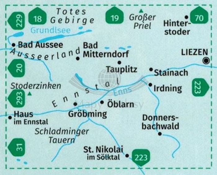 Ausseerland, Ennstal, Tauplitz. Wodoodporna mapa turystyczna 68 wydawnictwa Kompass. Zasięg