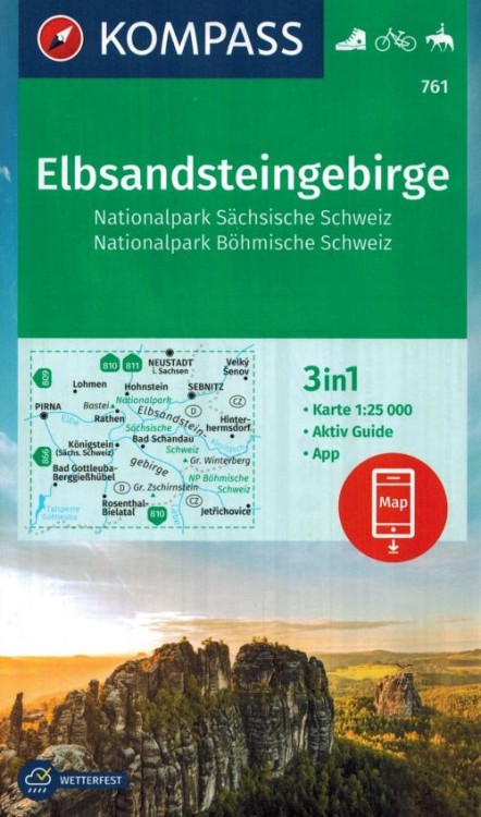 Góry Połabskie / Elbsandsteingebirge. Wodoodporna mapa turystyczna 761 wydawnictwa Kompass. Okładka