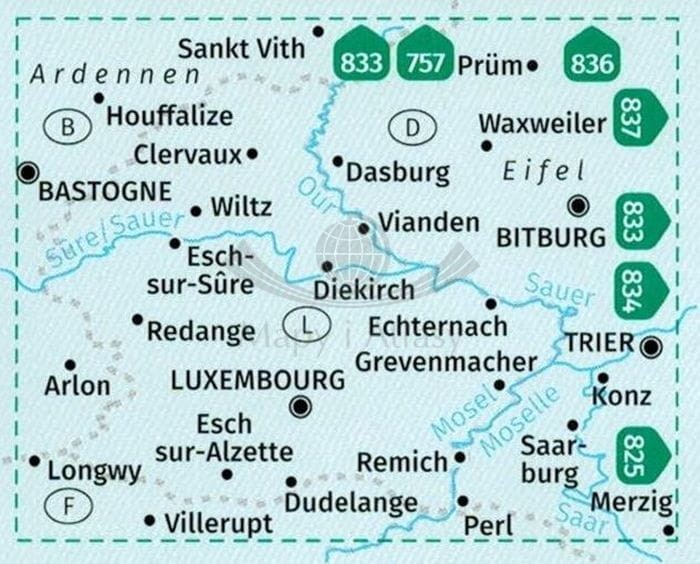 Luxemburg / Luksemburg. Zestaw dwóch map turystycznych 2202 wydawnictwa Kompass. Zasięg zestawu