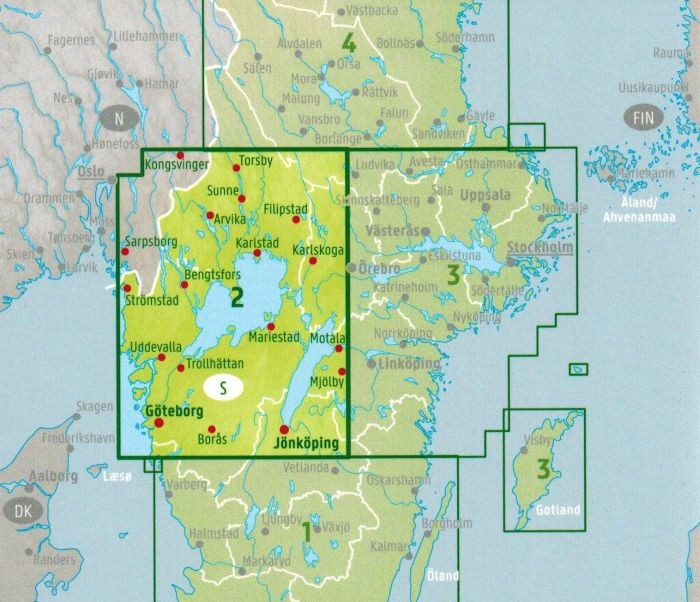 Szwecja południowo-zachodnia. Goteborg, Vanersee, Karlstad. Mapa samochodowa, składana /2/ wydawnictwa Freytag & Berndt. Zasięg