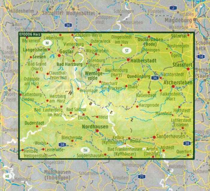 Harz 1:140 000. Wodoodporna mapa turystyczna EF 0006 wydawnictwa Freytag & Berndt. Zasięg
