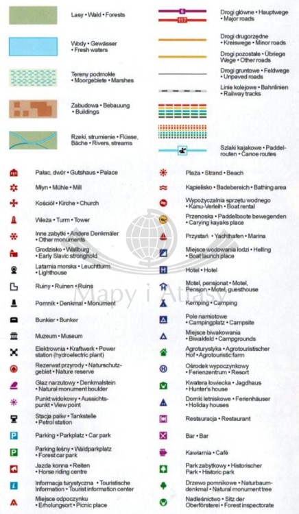 Parsęta 1:100 000. Laminowana mapa kajakowa wydawnictwa EKO-MAP. Legenda