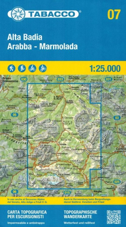 Alta Badia, Arabba - Marmolada. Wodoodporna mapa turystyczna 07 wydawnictwa Tabacco. Okładka