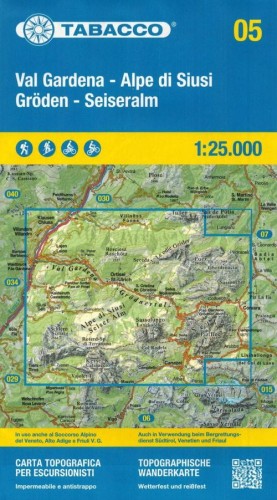 Val Gardena, Alpe di Siusi, Seiseralm 1:25 000. Wodoodporna mapa turystyczna 05 wydawnictwa Tabacco. Okładka