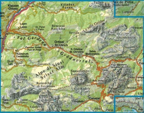 Val Gardena, Alpe di Siusi, Seiseralm 1:25 000. Wodoodporna mapa turystyczna 05 wydawnictwa Tabacco. Zasięg