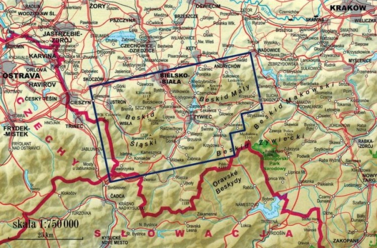 Beskid Śląski i Mały 1:52 500. Laminowana mapa panoramiczna wydawnictwa ExpressMap. Zasięg