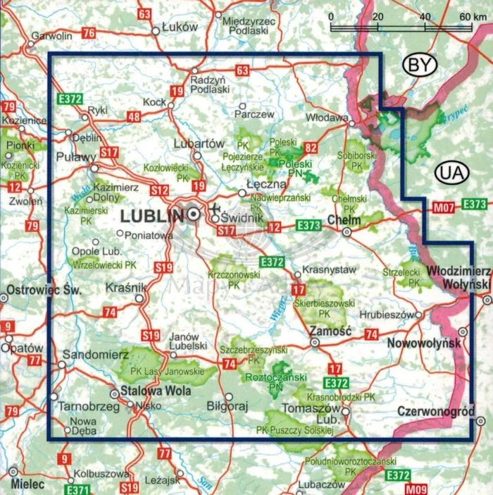 Lubelszczyzna, Roztocze, Polesie. Laminowana mapa samochodowo-turystyczna wydawnictwa ExpressMap. Zasięg