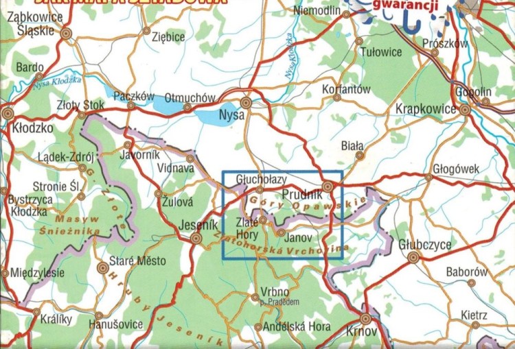 Góry Opawskie, Zlatohorska Vrchovina. Wodoodporna mapa turystyczna wydawnictwa Galileos. Zasięg