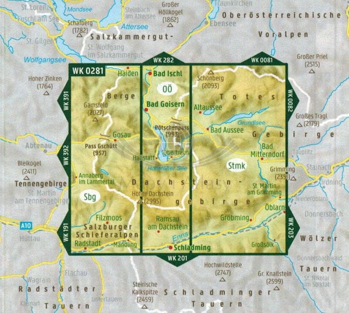 Dachstein, Inneres Salzkammergut, Ausseerland, Filzmoos. Mapa turystyczna WK 0281 wydawnictwa Freytag & Berndt. Zasięg