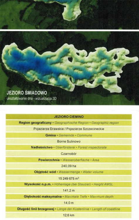 Jezioro Ciemino + Śmiadowo. Mapa batymetryczna wydawnictwa EKO-MAP. Ukształtowanie dna, wizualizacja 3D oraz informator.
