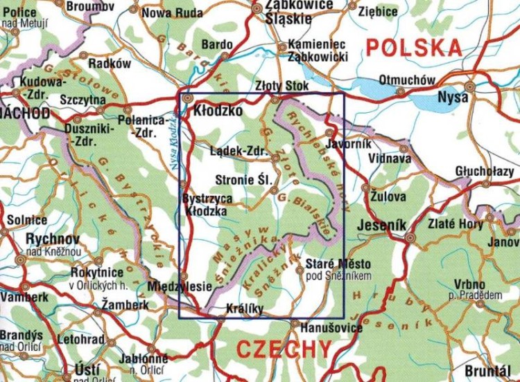 Masyw Śnieżnika, Góry Bialskie, Złote, Krowiarki. Mapa turystyczna wydawnictwa Galileos. Zasięg