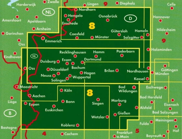 Niemcy: Westfalia / Nordhein-Westfalen 1:200 000. Mapa turystyczno-samochodowa wydawnictwa Freytag & Berndt. Zasięg