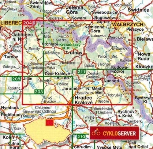 Karkonosze, Podkarkonosze / Podkrkonosi, Nachodsko. Mapa turystyczna 204 wydawnictwa Shocart. Zasięg