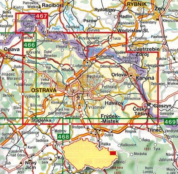 Ostrawa i okolice / Ostravsko. Mapa turystyczna 467 wydawnictwa Shocart. Zasięg