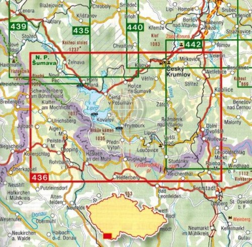 Szumawa, Czeski Krumlov / Sumava, Lipensko, Cesky Krumlov. Mapa turystyczna 436 wydawnictwa Shocart. Zasięg