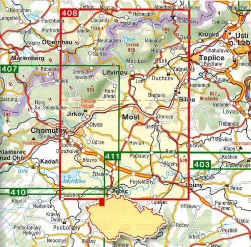 Góry Kruszne, Rudawy / Erzgebirge / Krusne Hory, Mostecko. Mapa turystyczna 408 wydawnictwa Shocart. Zasięg