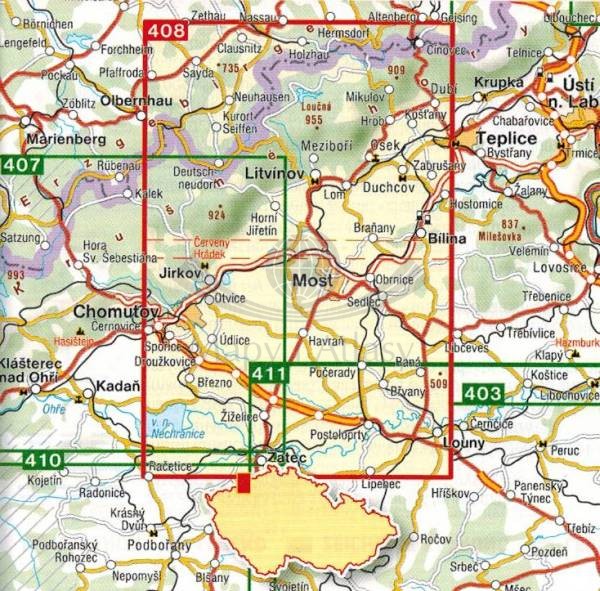 Góry Kruszne, Rudawy / Erzgebirge / Krusne Hory, Mostecko. Mapa turystyczna 408 wydawnictwa Shocart. Zasięg