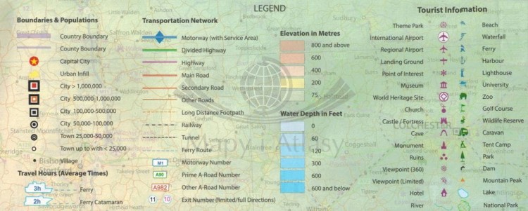 Anglia Południowo-Wschodnia i Midlands. Mapa samochodowo-turystyczna wydawnictwa ITMB. Legenda