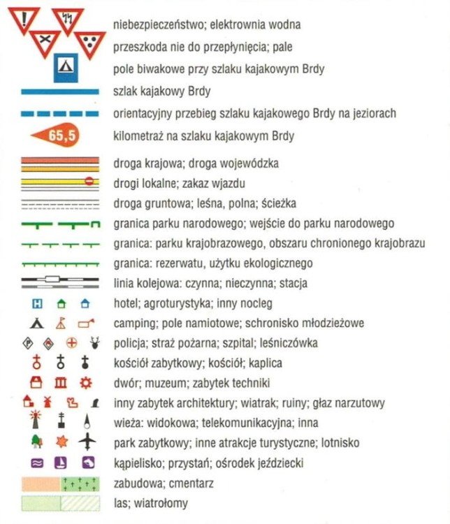Brda. Wodoodporna mapa kajakowa 175 000 wydawnictwa Galileos. Legenda