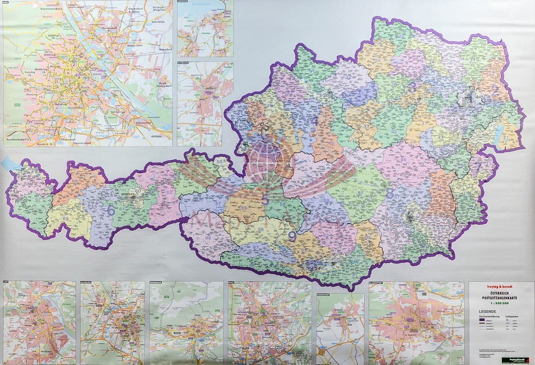 Austria 1:500 000. Mapa ścienna. Kody pocztowe. FB