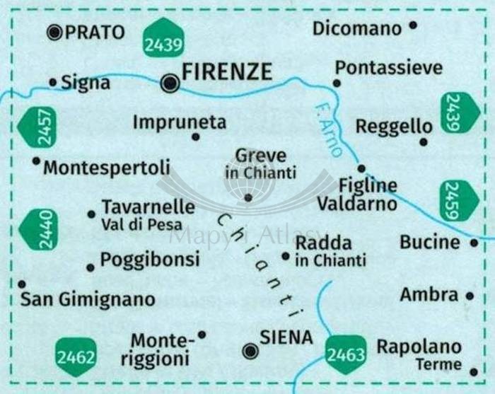 Florencja, Siena, Chianti. Wodoodporna mapa turystyczna 2458 wydawnictwa Kompass. Zasięg