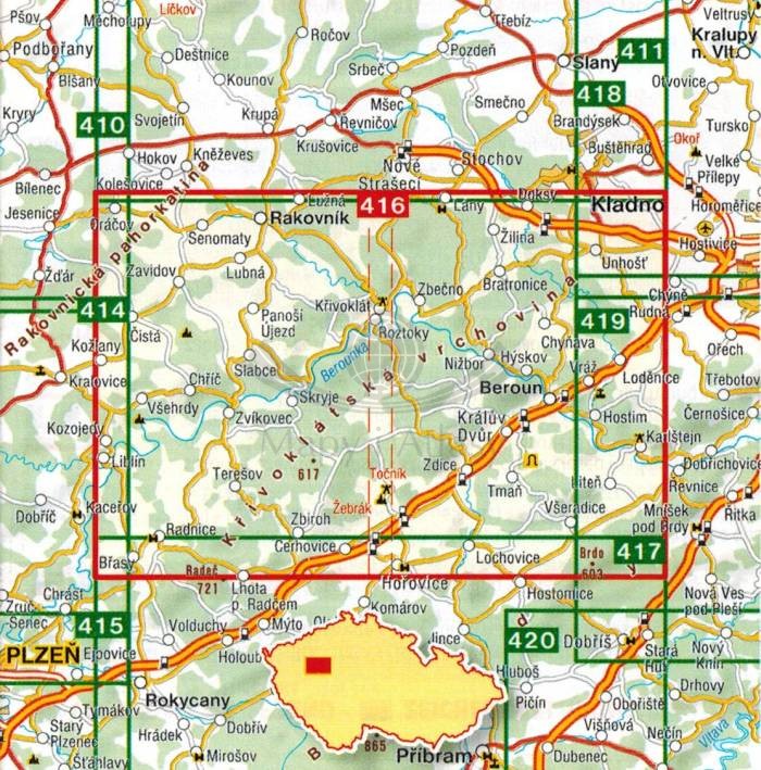 Krivoklatsko, Rakovnicko, Karlstejn. Mapa turystyczna 416 wydawnictwa Shocart. Zasięg
