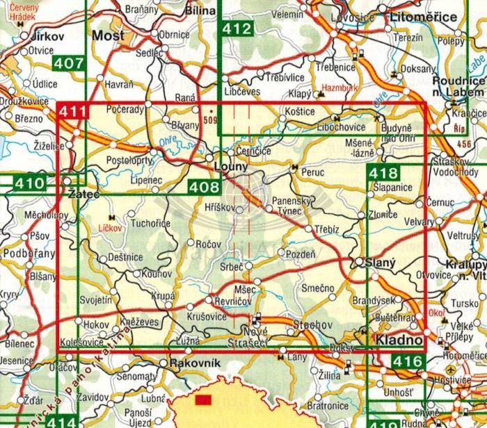 Lounsko, Dzban. Louny, Kladno. Mapa turystyczna 411 wydawnictwa Shocart. Zasięg