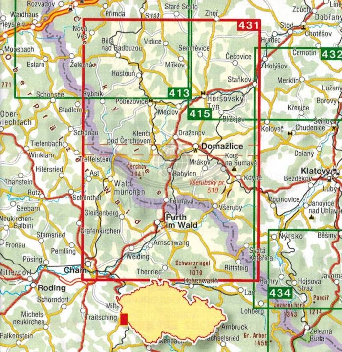 Czeski Las - Domazlice / Cesky Les - Domazlicko. Mapa turystyczna 431 wydawnictwa Shocart. Zasięg