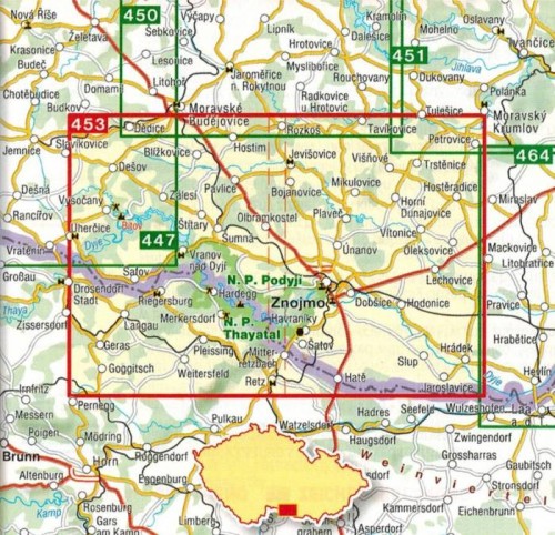 Zapora Vranovska, Znojmo i okolice / Podyji - Thayatal, Vranovska prehrada. Mapa turystyczna 453 wydawnictwa Shocart. Zasięg