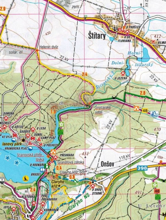 Zapora Vranovska, Znojmo i okolice / Podyji - Thayatal, Vranovska prehrada. Mapa turystyczna 453 wydawnictwa Shocart. Fragment 1