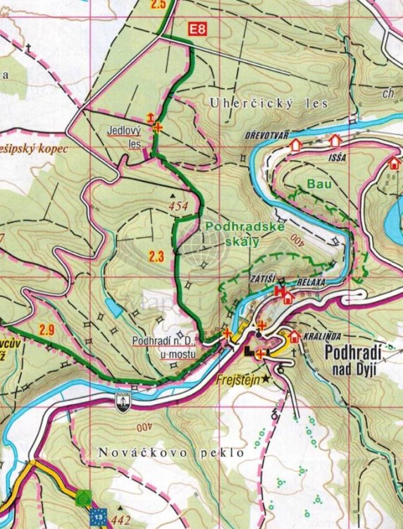 Zapora Vranovska, Znojmo i okolice / Podyji - Thayatal, Vranovska prehrada. Mapa turystyczna 453 wydawnictwa Shocart. Fragment 2