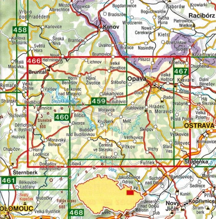 Opawa / Opavsko, Slezska Harta. Mapa turystyczna 466 wydawnictwa Shocart. Zasięg