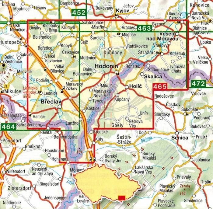 Okolice Brzecławia / Breclavsko, Hodoninsko. Mapa turystyczna 465 wydawnictwa Shocart. Zasięg