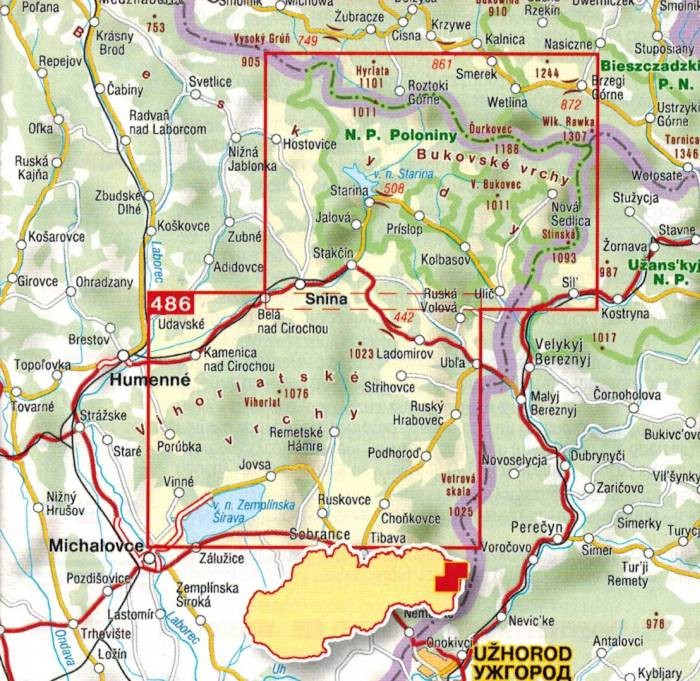 Bukovske Vrchy, Poloniny, Vihorlat, Zemplinska Sirava. Mapa turystyczna 486 wydawnictwa Shocart. Zasięg
