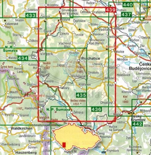 Poszumawie  Posumavi - Prachaticko. Mapa turystyczna 439 wydawnictwa Shocart. Zasięg