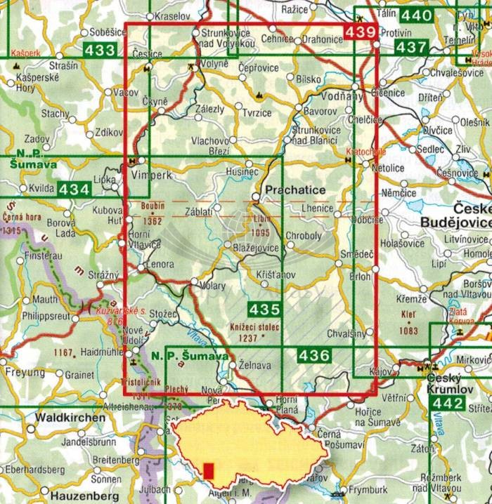 Poszumawie  Posumavi - Prachaticko. Mapa turystyczna 439 wydawnictwa Shocart. Zasięg