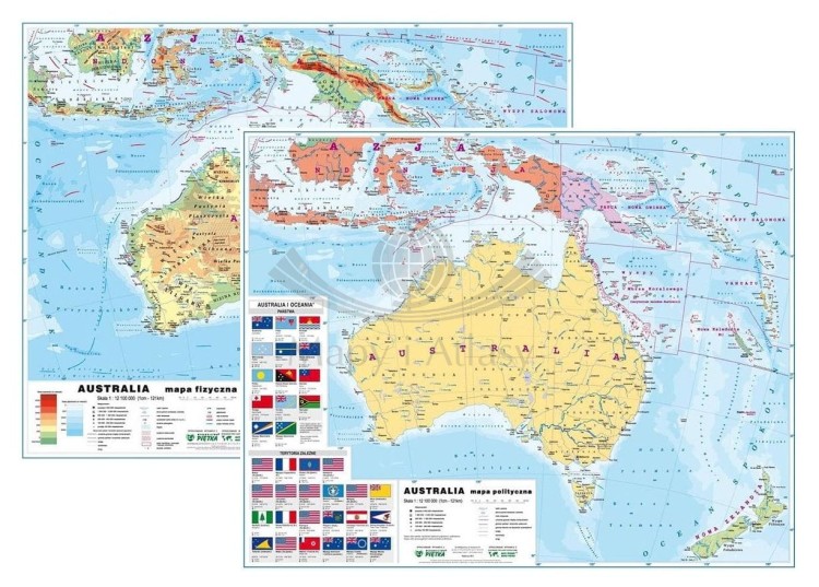 Australia. Dwustronna mapa podręczna planszowa. Fizyczna/polityczna