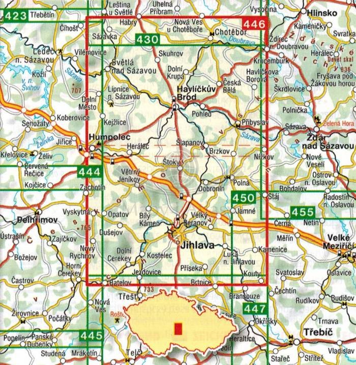 Jihlava  Havlickobrodsko, Jihlavsko. Mapa turystyczna 446 wydawnictwa Shocart. Zasięg
