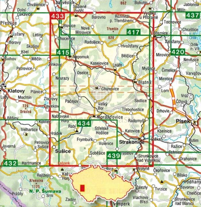 Pootavi - Susicko, Strakonicko. Mapa turystyczna 433 wydawnictwa Shocart. Zasięg