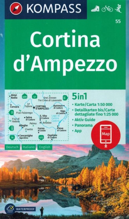 Cortina d'Ampezzo. Wodoodporna mapa turystyczna 55 wydawnictwa Kompass. Okładka