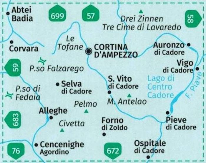Cortina d'Ampezzo. Wodoodporna mapa turystyczna 55 wydawnictwa Kompass. Zasięg