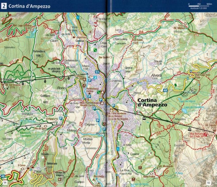 Cortina d'Ampezzo. Wodoodporna mapa turystyczna 55 wydawnictwa Kompass. Mini przewodnik - przykładowe strony 2