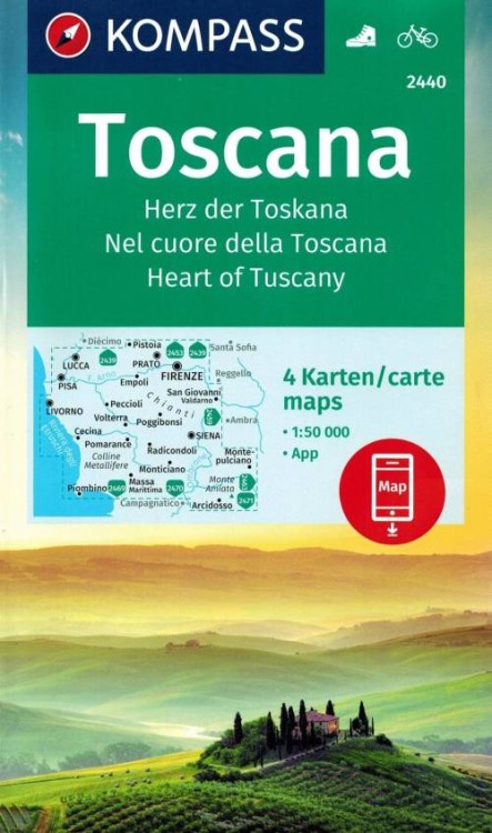 Toskania. Zestaw czterech map turystycznych 2440 wydawnictwa Kompass. Okładka zestawu