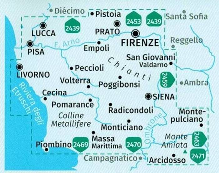 Toskania. Zestaw czterech map turystycznych 2440 wydawnictwa Kompass. Zestaw - zasięg