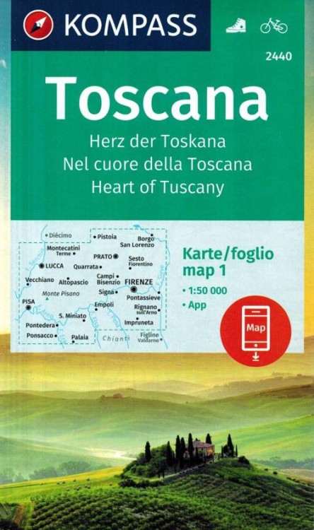 Toskania. Zestaw czterech map turystycznych 2440 wydawnictwa Kompass. Mapa 1 - okładka