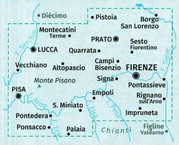 Toskania. Zestaw czterech map turystycznych 2440 wydawnictwa Kompass. Mapa 1 - zasięg