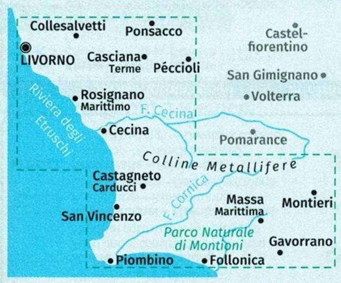 Toskania. Zestaw czterech map turystycznych 2440 wydawnictwa Kompass. Mapa 3 - zasięg