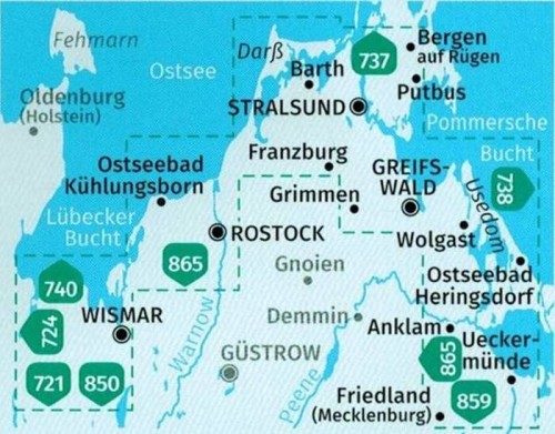 Niemieckie Wybrzeże Bałtyku / Ostseekuste. Wismar - Uznam. Zestaw trzech map turystycznych 739 wydawnictwa Kompass. Zestaw - zasięg