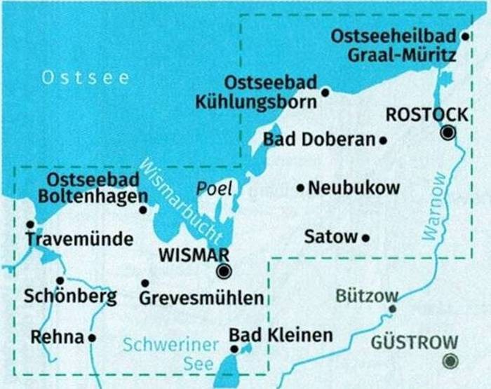 Niemieckie Wybrzeże Bałtyku / Ostseekuste. Wismar - Uznam. Zestaw trzech map turystycznych 739 wydawnictwa Kompass. Mapa 1 - zasięg