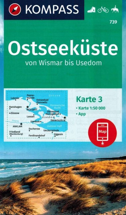 Niemieckie Wybrzeże Bałtyku / Ostseekuste. Wismar - Uznam. Zestaw trzech map turystycznych 739 wydawnictwa Kompass. Mapa 3 - okładka